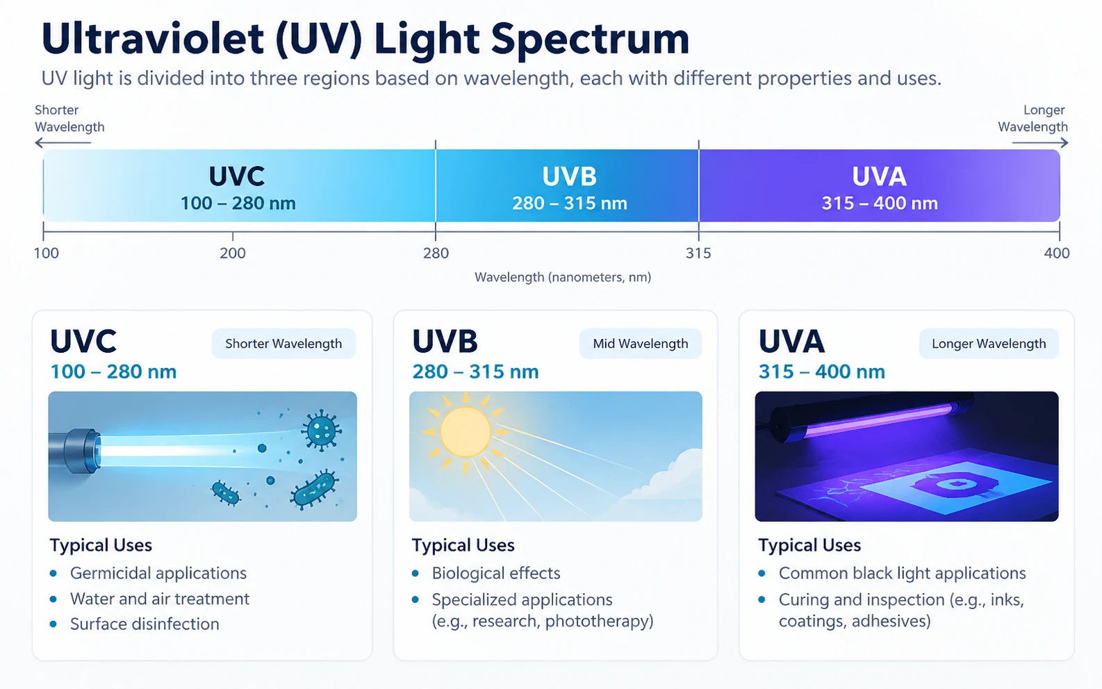 UV spectrum diagram comparing UVA, UVB, and UVC wavelength ranges.